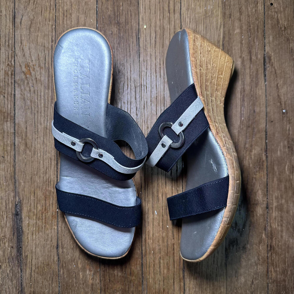 Vintage Italian Shoemakers Black Wedge Sandals Size 8